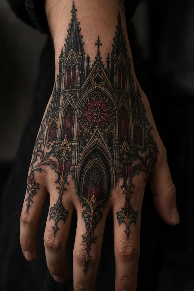 Neo-traditional gothic cathedral tattoo on the hand