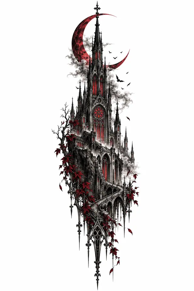 Red and black gothic cathedral tattoo design for the calf