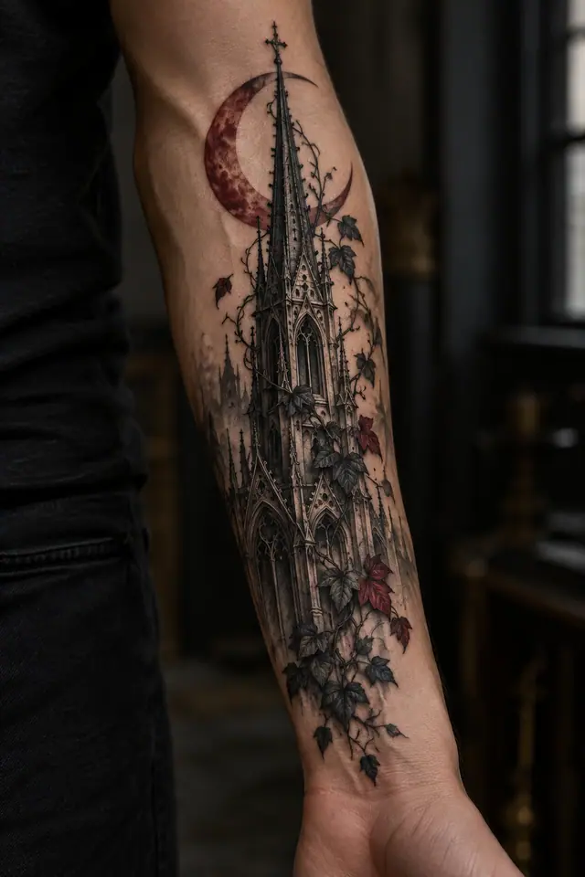 Red and black gothic cathedral tattoo on the forearm