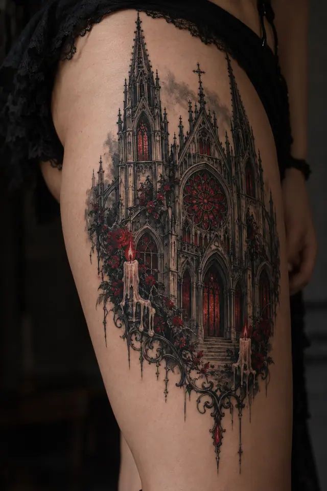 Red and black gothic cathedral tattoo on the thigh