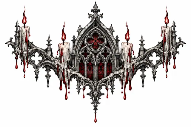 Red and black gothic cathedral tattoo design for the throat