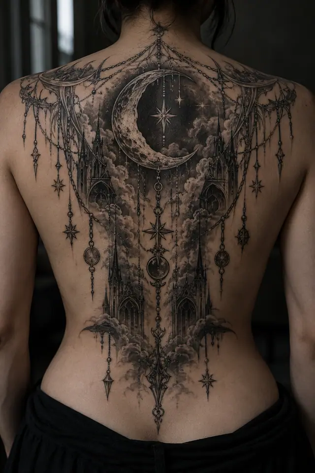 Black and grey gothic moon tattoo on the back