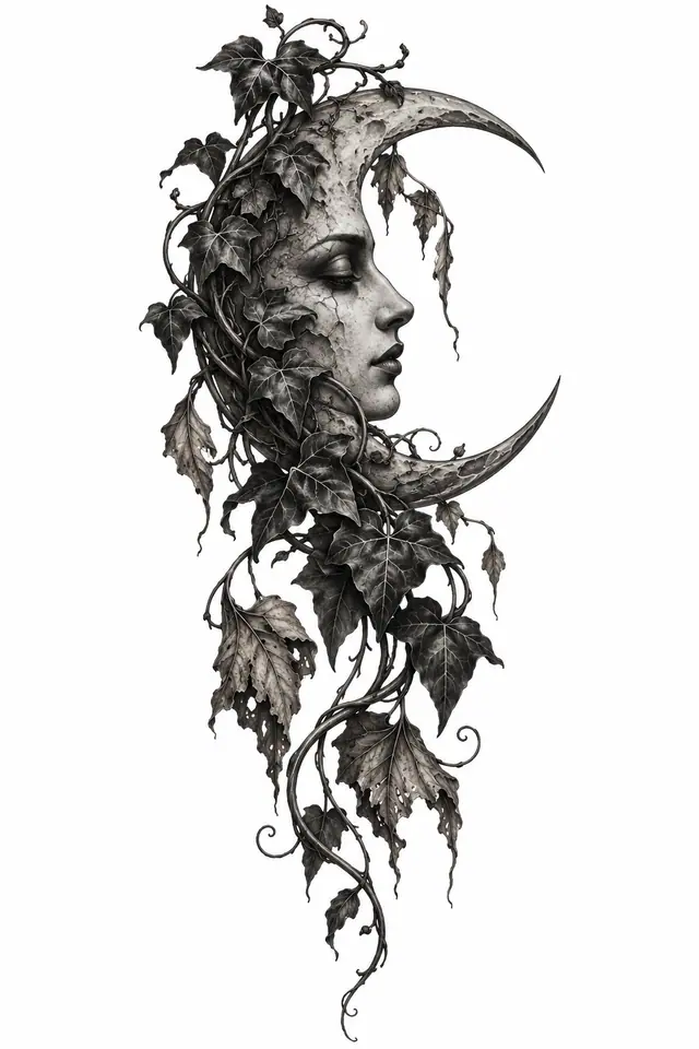 Black and grey gothic moon tattoo design for the calf