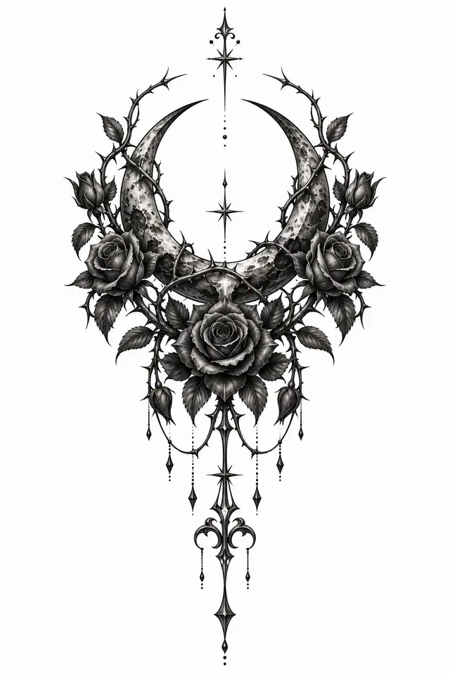 Black and grey gothic moon tattoo design for the sternum