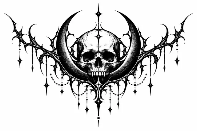 Blackwork gothic moon tattoo design for the throat