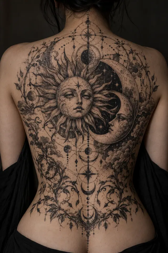 Dotwork gothic moon tattoo on the back