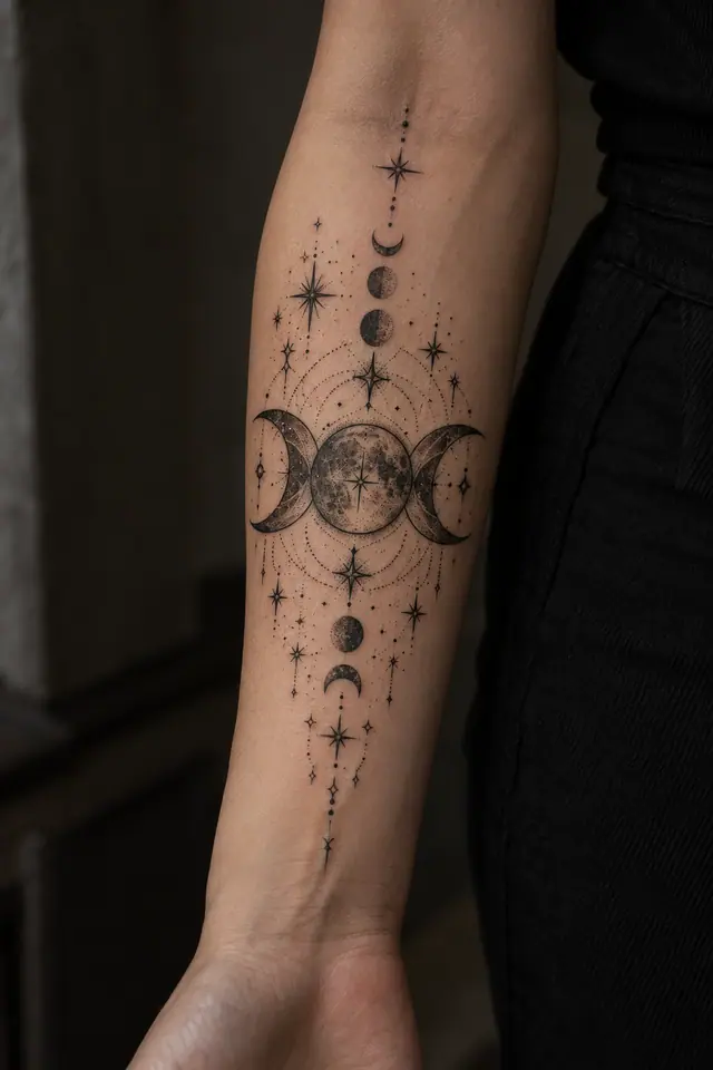 Dotwork gothic moon tattoo on the forearm