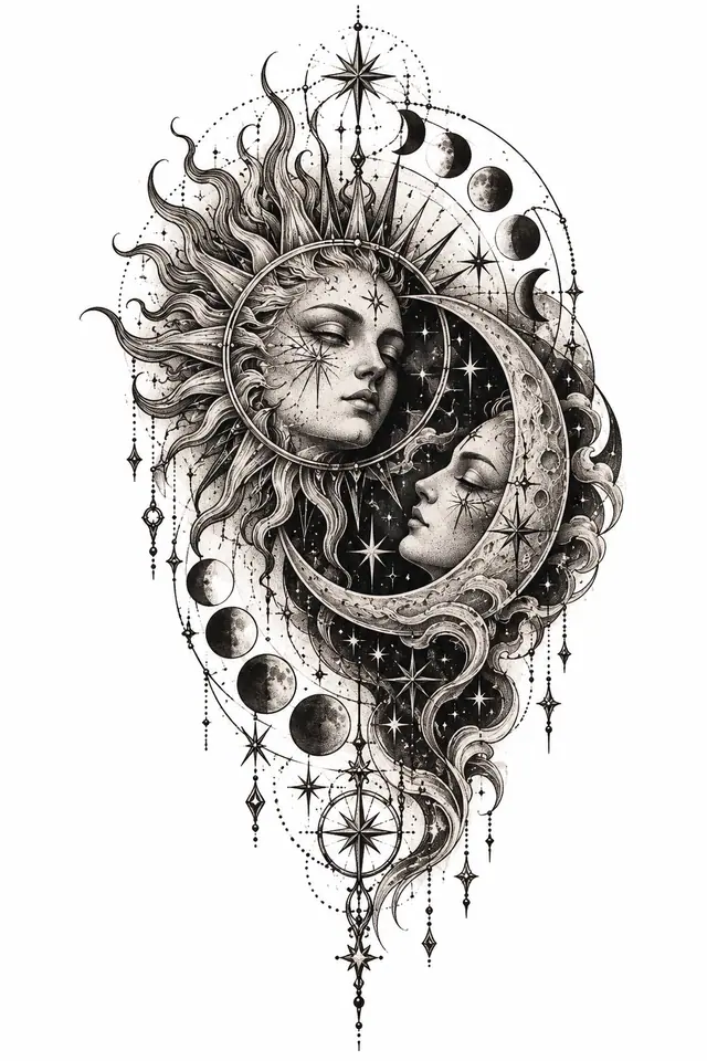 Dotwork gothic moon tattoo design for the upper arm (half sleeve)
