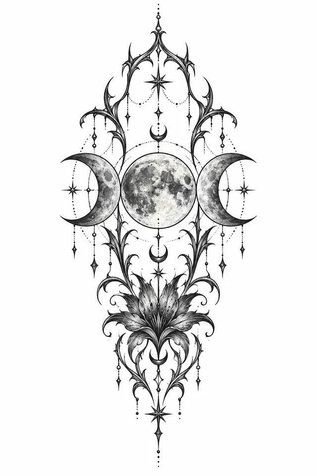 Dotwork gothic moon tattoo design for the thigh