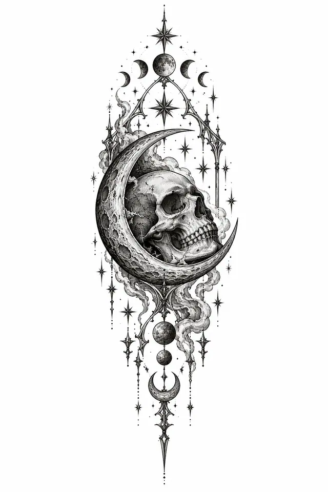 Engraving-style gothic moon tattoo design for the calf