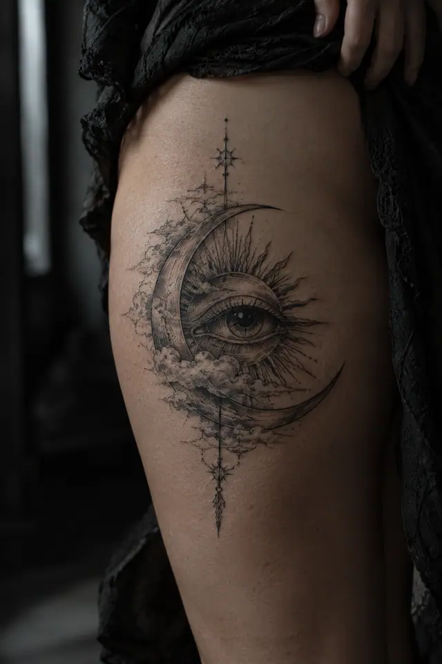 Engraving-style gothic moon tattoo on the thigh