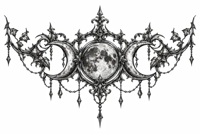 Engraving-style gothic moon tattoo design for the throat