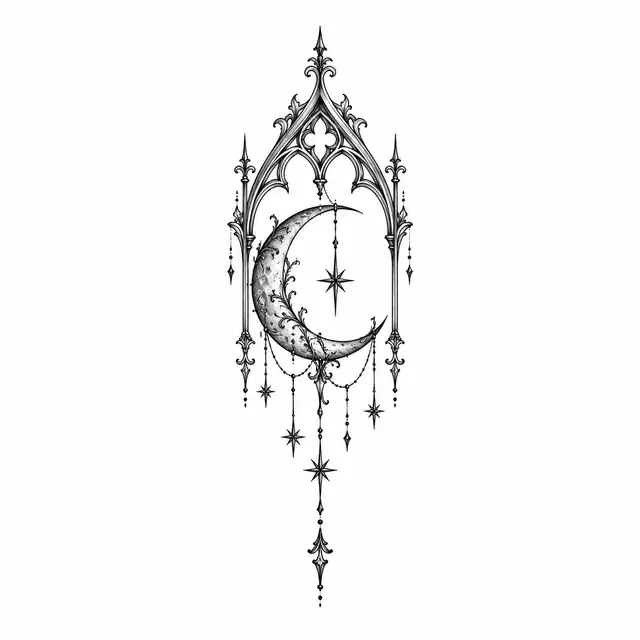 Fine-line gothic moon tattoo design for the ankle