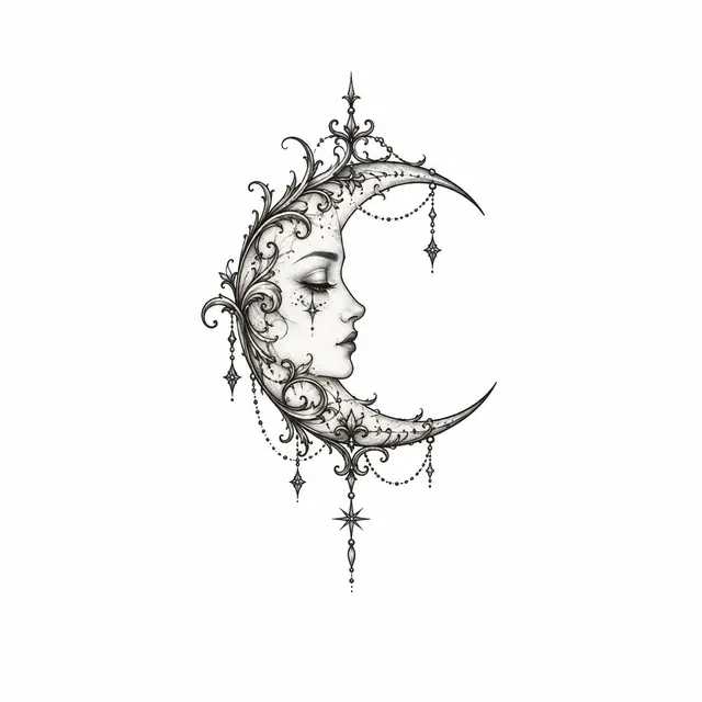 Fine-line gothic moon tattoo design for the ankle