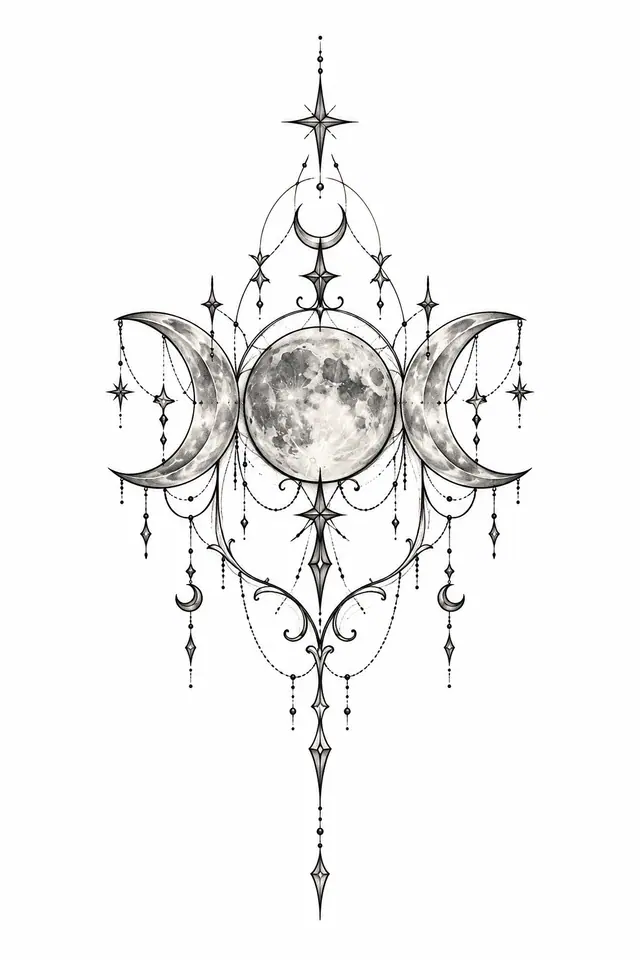 Fine-line gothic moon tattoo design for the hand
