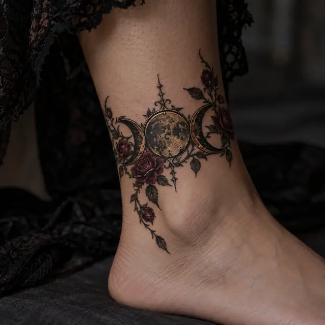 Neo-traditional gothic moon tattoo on the ankle