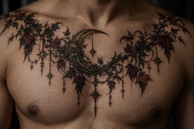 Neo-traditional gothic moon tattoo on the chest