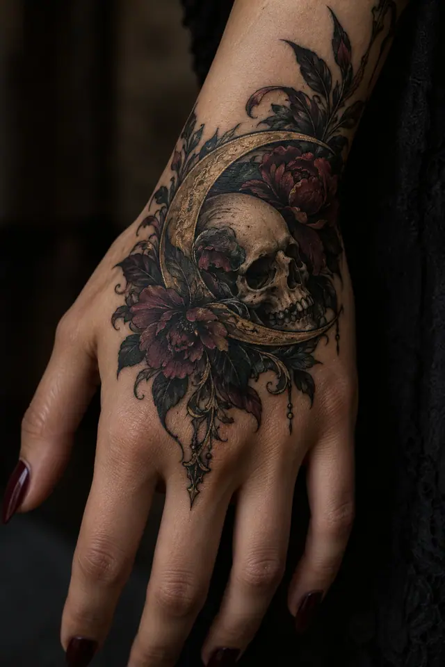 Neo-traditional gothic moon tattoo on the hand