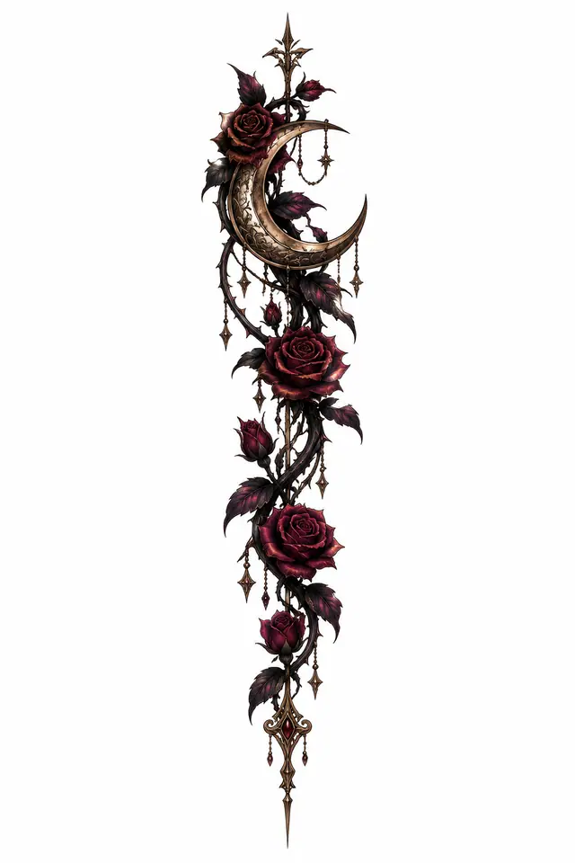 Neo-traditional gothic moon tattoo design for the spine