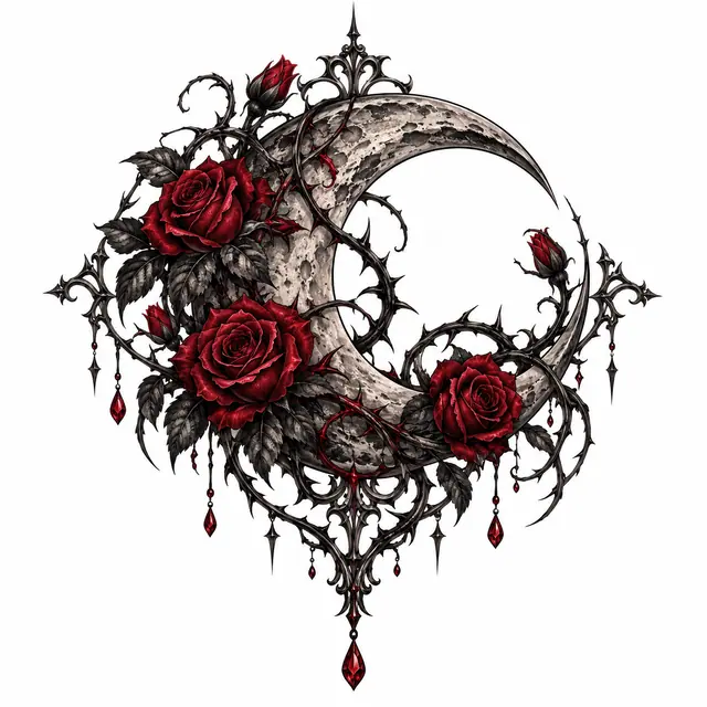 Red and black gothic moon tattoo design for the shoulder
