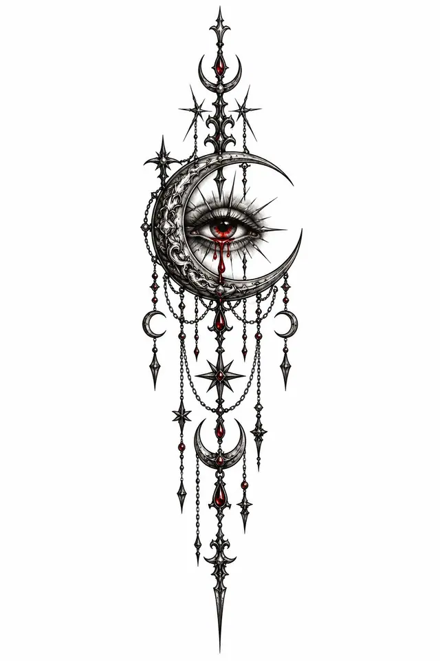 Red and black gothic moon tattoo design for the spine