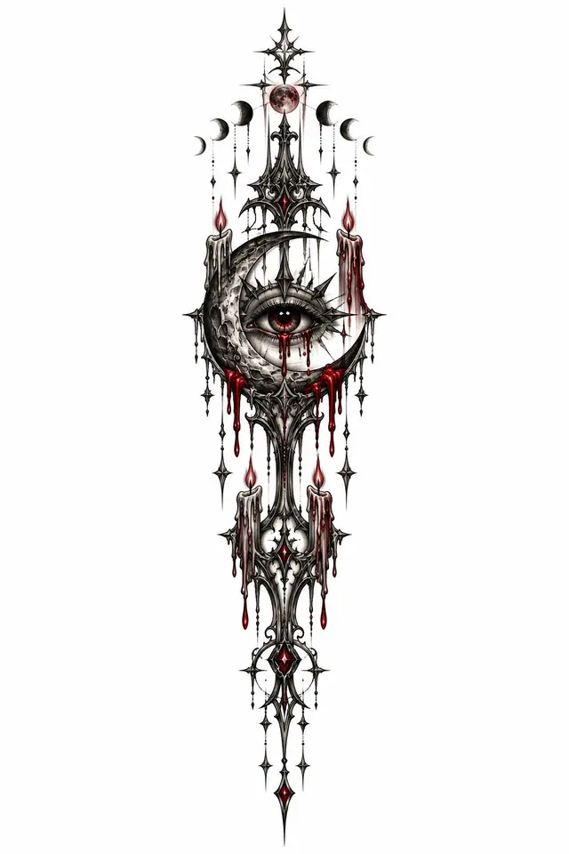 Red and black gothic moon tattoo design for the spine