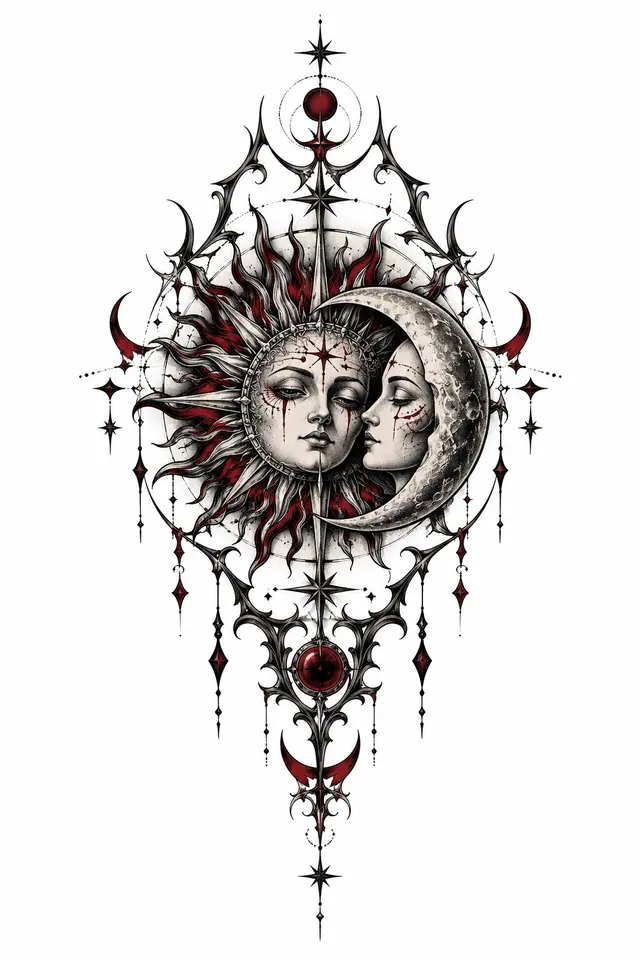 Red and black gothic moon tattoo design for the sternum