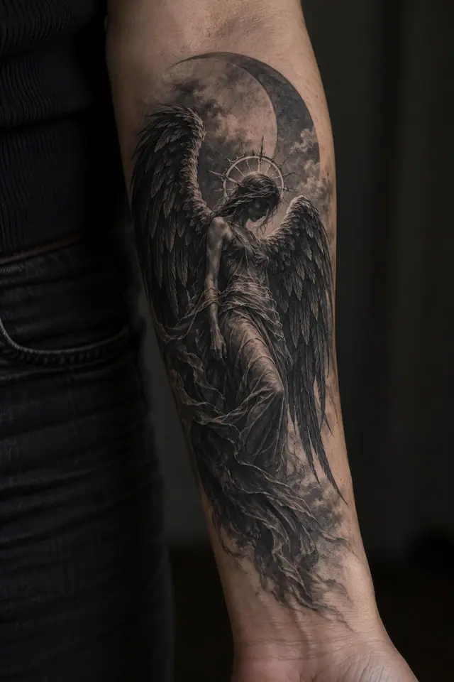 Black and grey fallen angel tattoo on the forearm