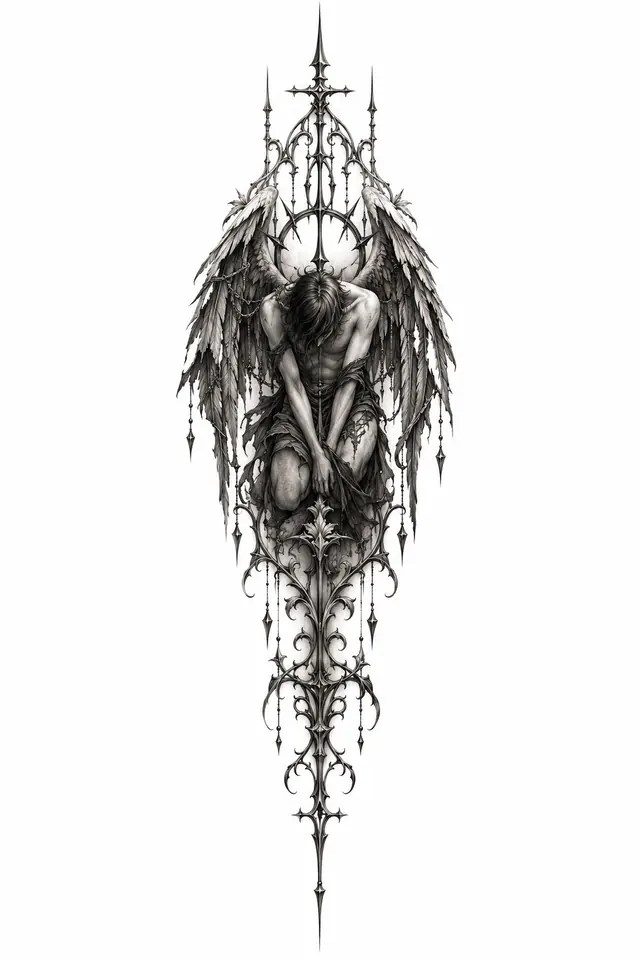 Black and grey fallen angel tattoo design for the spine
