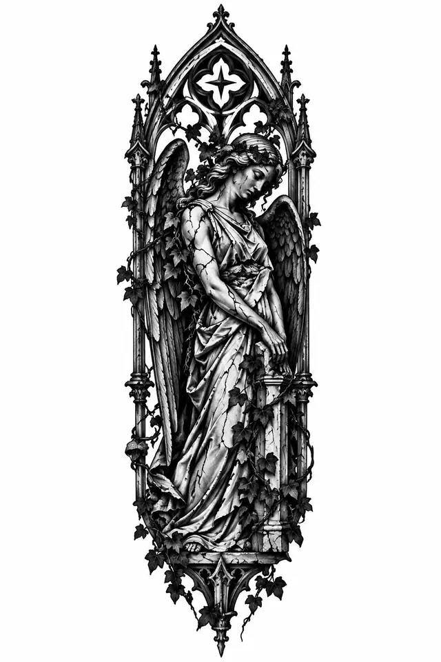 Blackwork fallen angel tattoo design for the calf