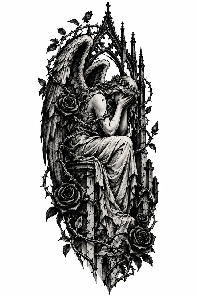 Blackwork fallen angel tattoo design for the upper arm (half sleeve)