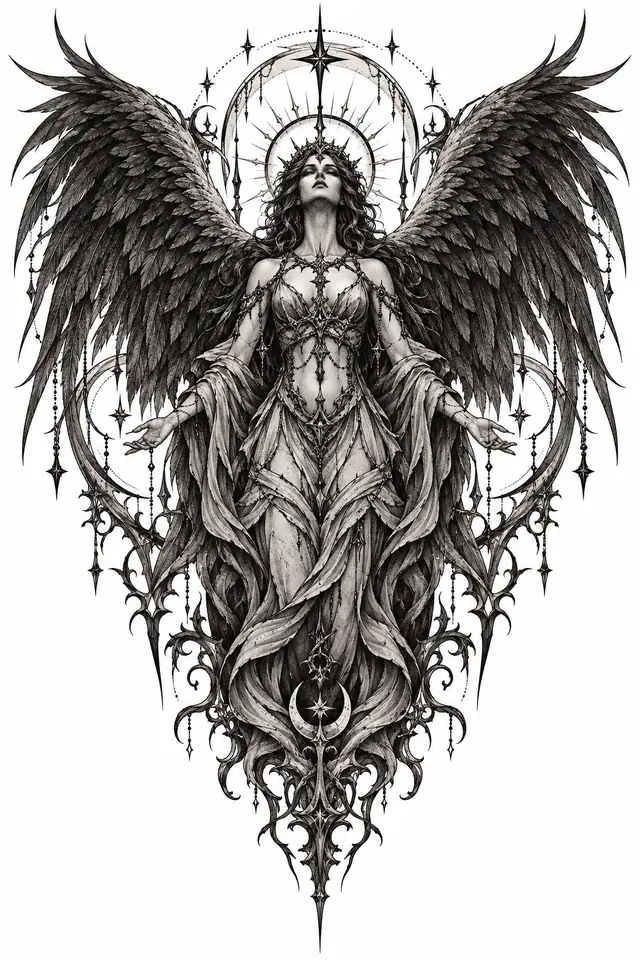 Dotwork fallen angel tattoo design for the back