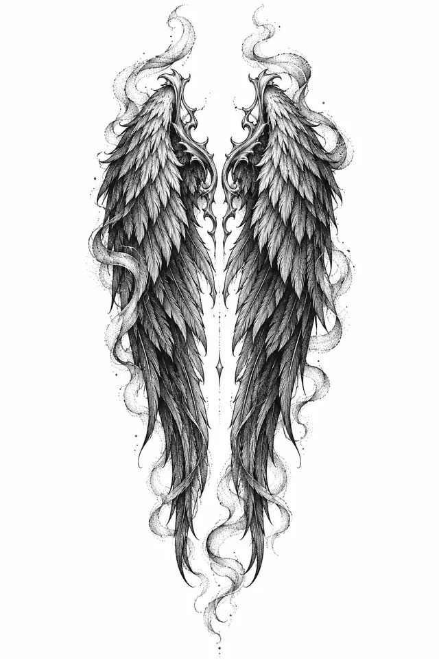 Dotwork fallen angel tattoo design for the calf