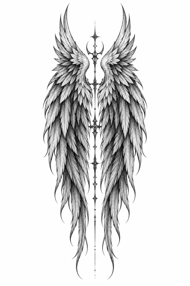 Dotwork fallen angel tattoo design for the spine