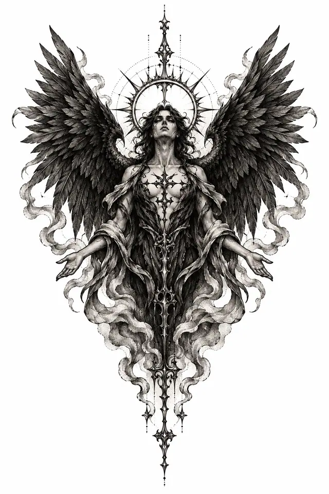 Dotwork fallen angel tattoo design for the sternum