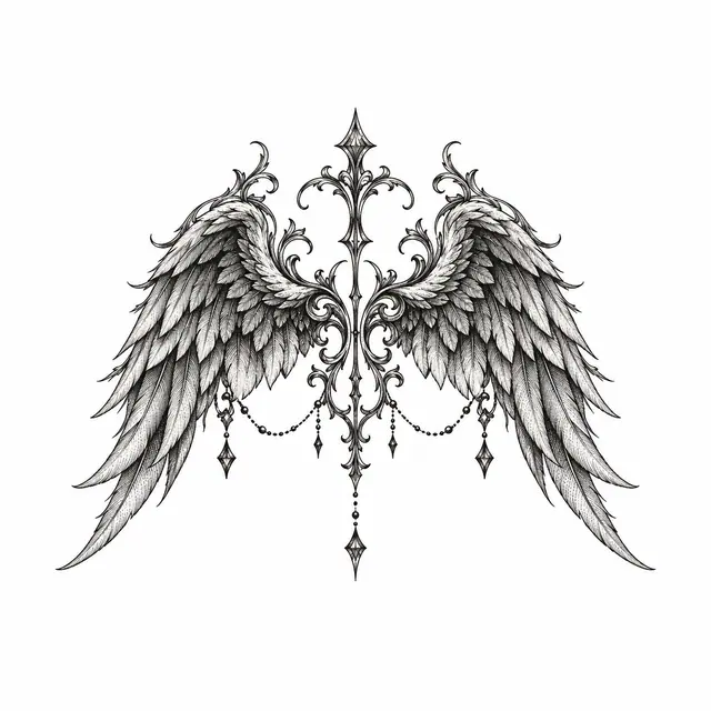 Engraving-style fallen angel tattoo design for the ankle