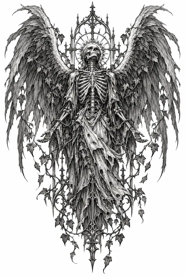 Engraving-style fallen angel tattoo design for the back