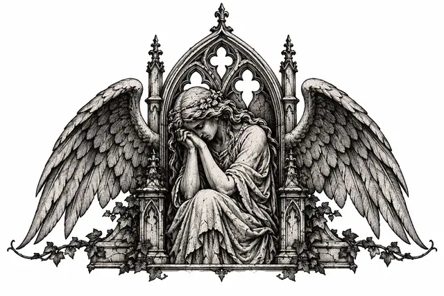 Engraving-style fallen angel tattoo design for the throat