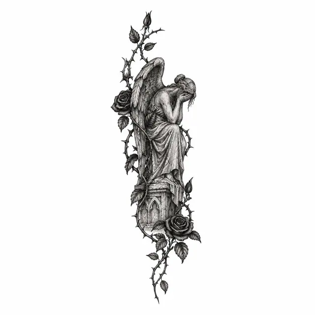 Engraving-style fallen angel tattoo design for the wrist