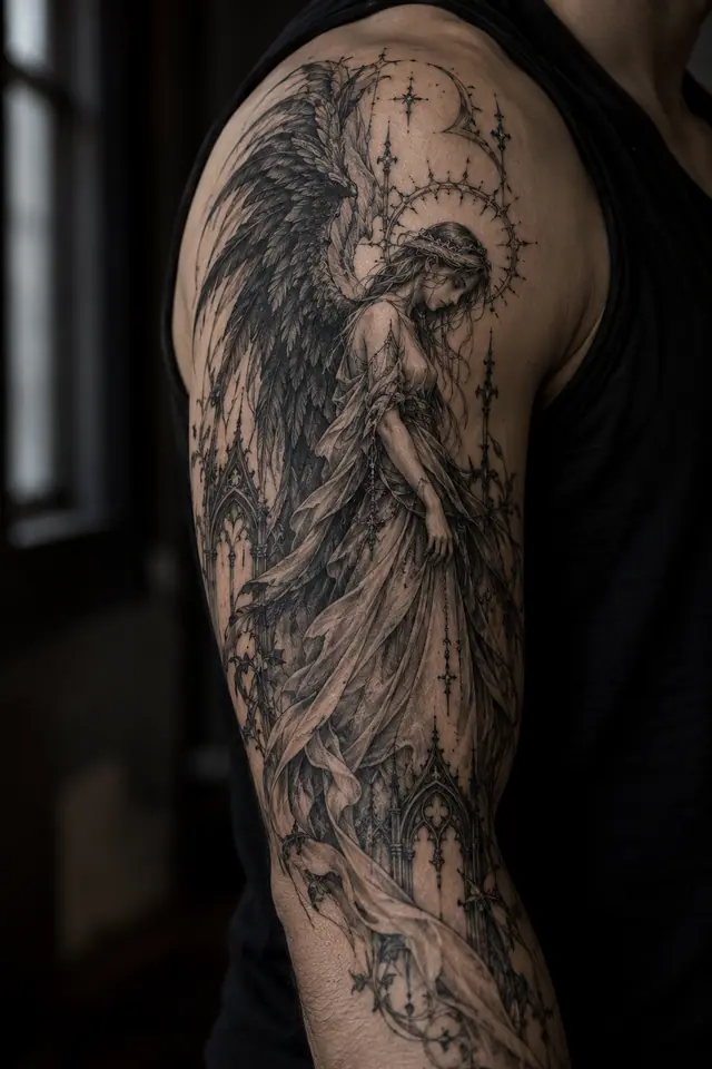 Fine-line fallen angel tattoo on the upper arm (half sleeve)