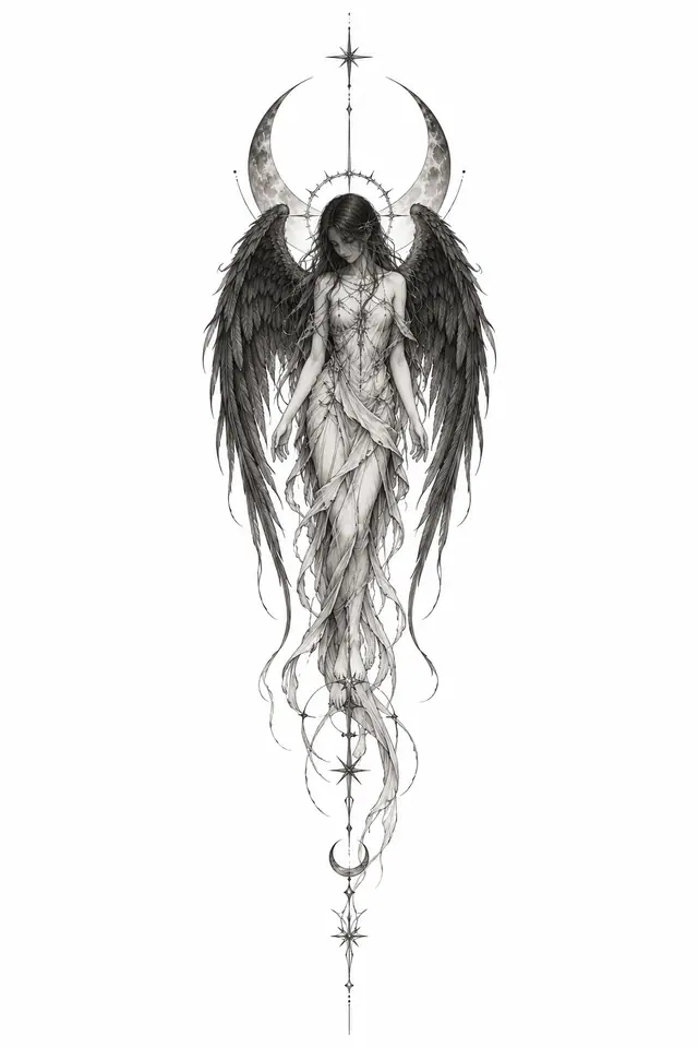 Fine-line fallen angel tattoo design for the spine