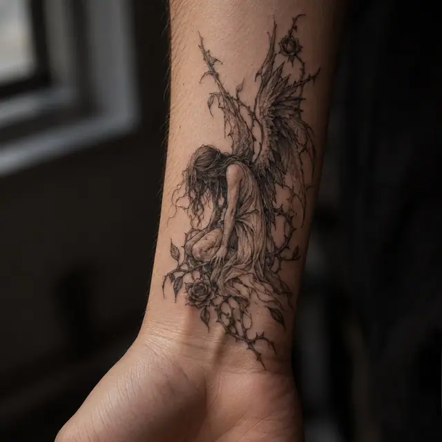 Fine-line fallen angel tattoo on the wrist