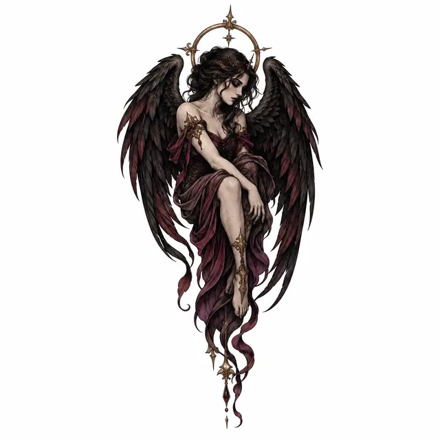 Neo-traditional fallen angel tattoo design for the ankle