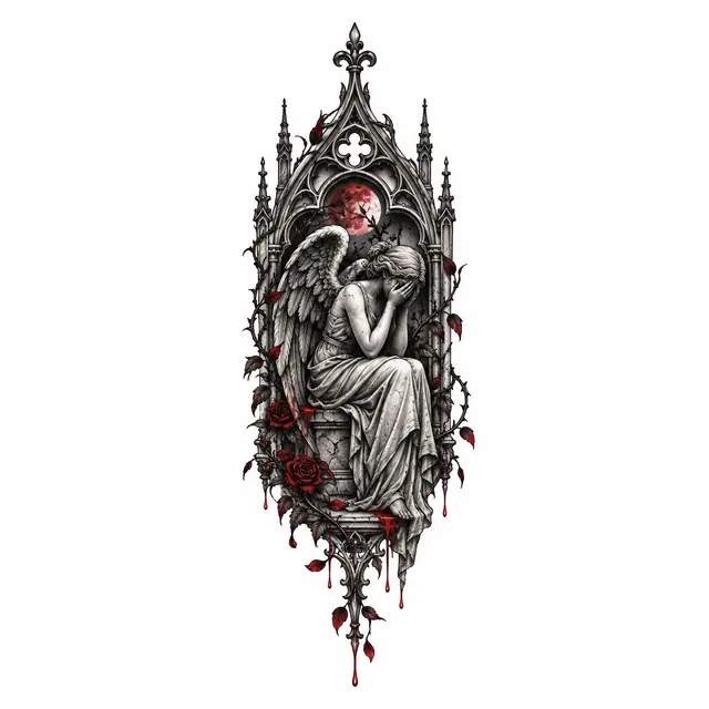 Red and black fallen angel tattoo design for the ankle