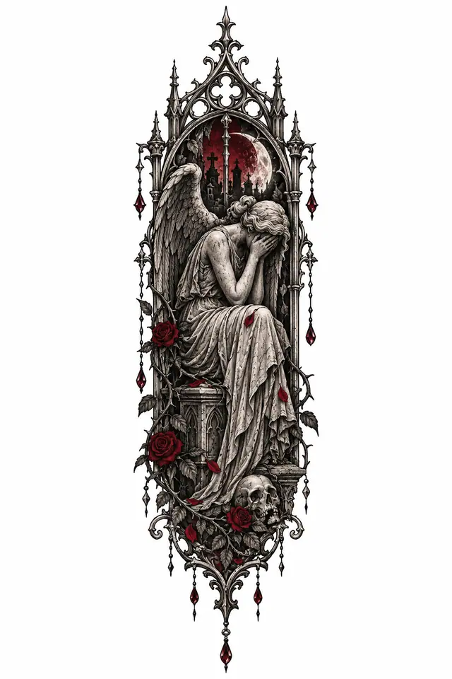 Red and black fallen angel tattoo design for the forearm