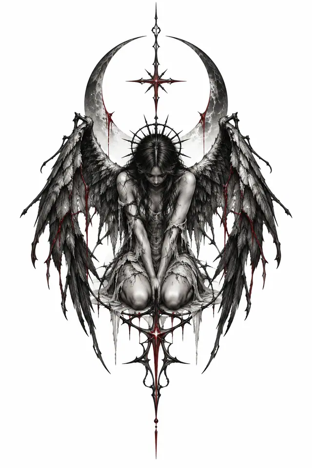 Red and black fallen angel tattoo design for the sternum