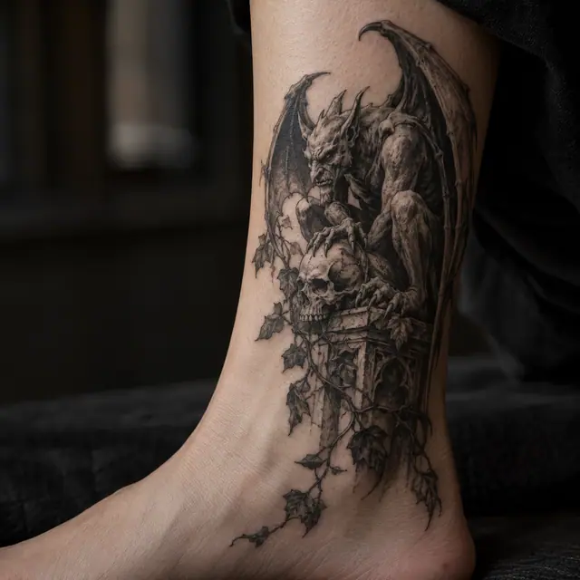 Black and grey gargoyle tattoo on the ankle