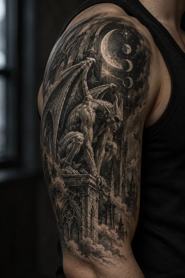 Black and grey gargoyle tattoo on the upper arm (half sleeve)