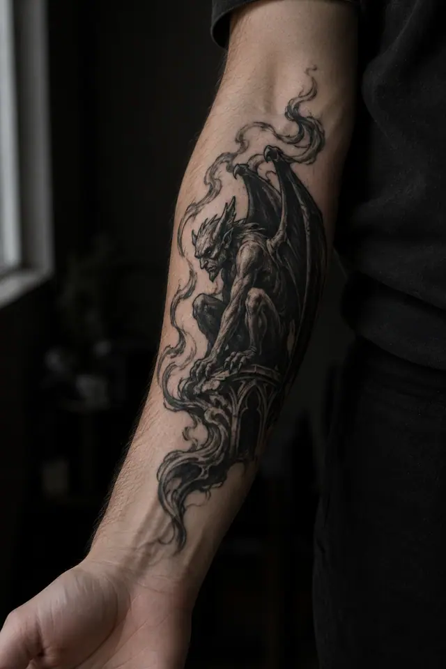 Blackwork gargoyle tattoo on the forearm
