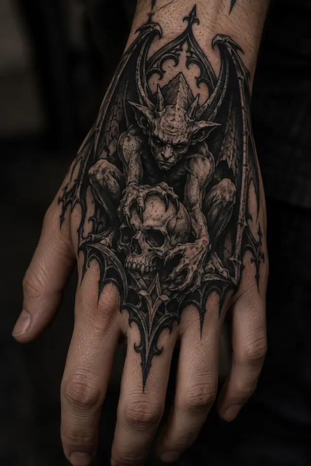 Blackwork gargoyle tattoo on the hand